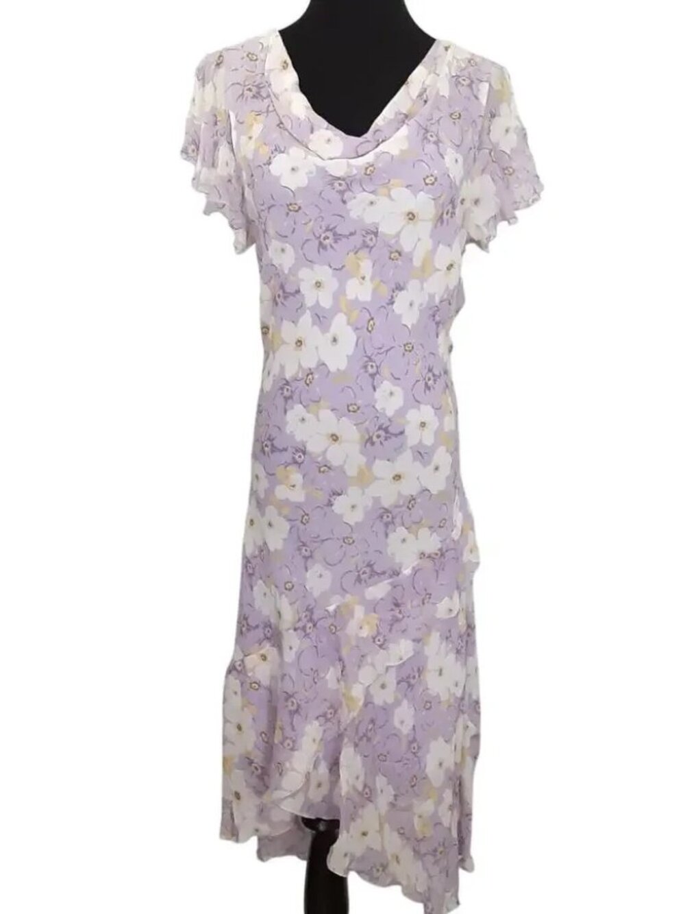 Vintage 90s Purple Floral Flutter Sleeve Maxi Dress Y2K Sz 12 Fairycore Coquette